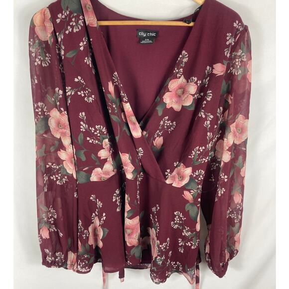 City Chic Tops - City Chic Floral Print Long Sleeve V Neck Tunic Blouse Size s / 16